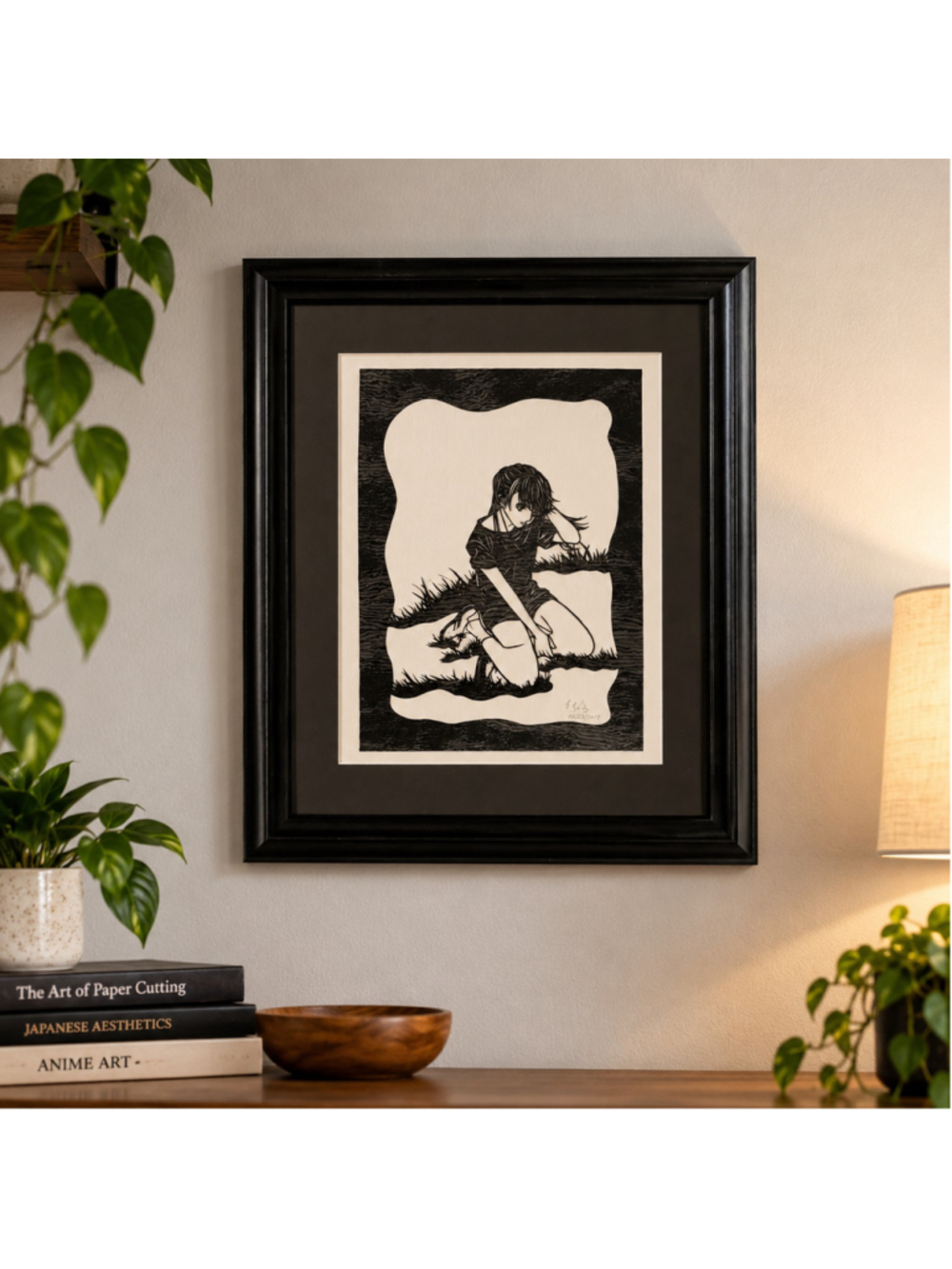 Original Hand Cut Paper Art Anime Manga Girl Signed Dated 2018 Framed 13x16